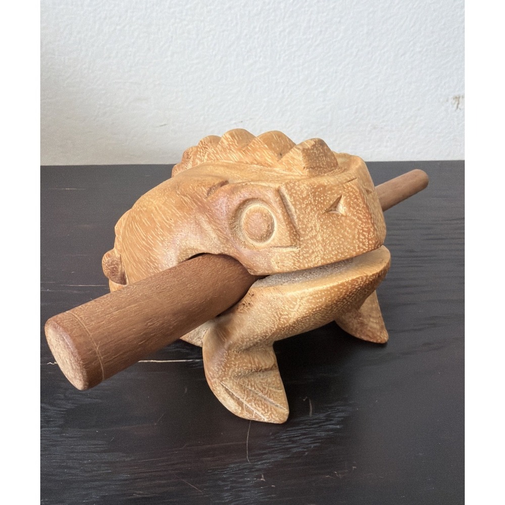 Hand Carved Wooden Frog Guiro Percussion Instrument Croaking Rasp w/ Stick